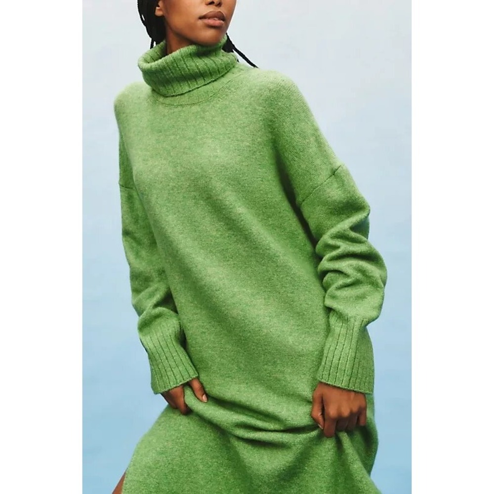 Daily Practice Anthropologie Green Turtleneck Sweater Dress XS Ribbed Knit Midi